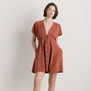 Quince Vintage Wash Tencel Button Front Dress in Terracotta Red Orange Size XS